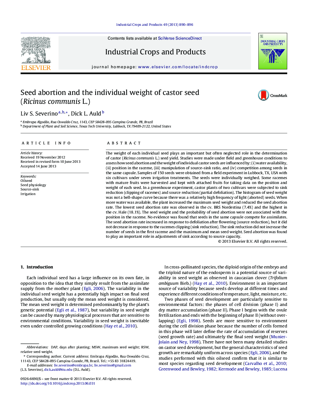 Seed abortion and the individual weight of castor seed (Ricinus communis L.)