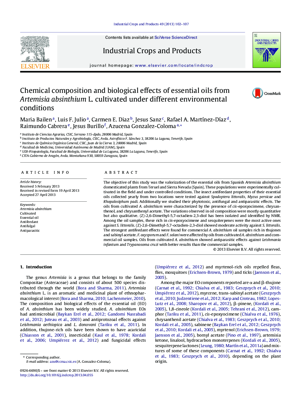 Chemical composition and biological effects of essential oils from Artemisia absinthium L. cultivated under different environmental conditions