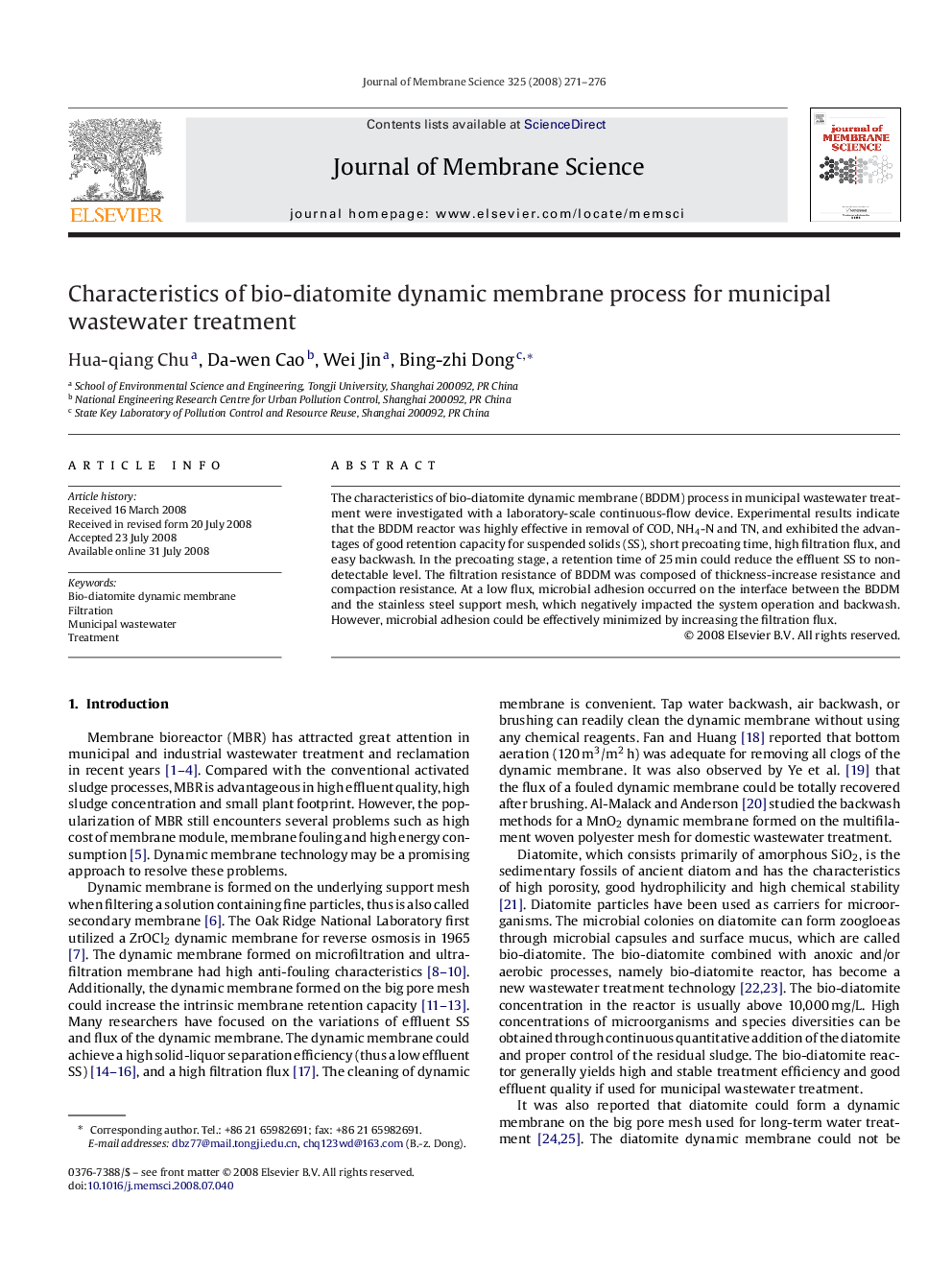 Characteristics of bio-diatomite dynamic membrane process for municipal wastewater treatment