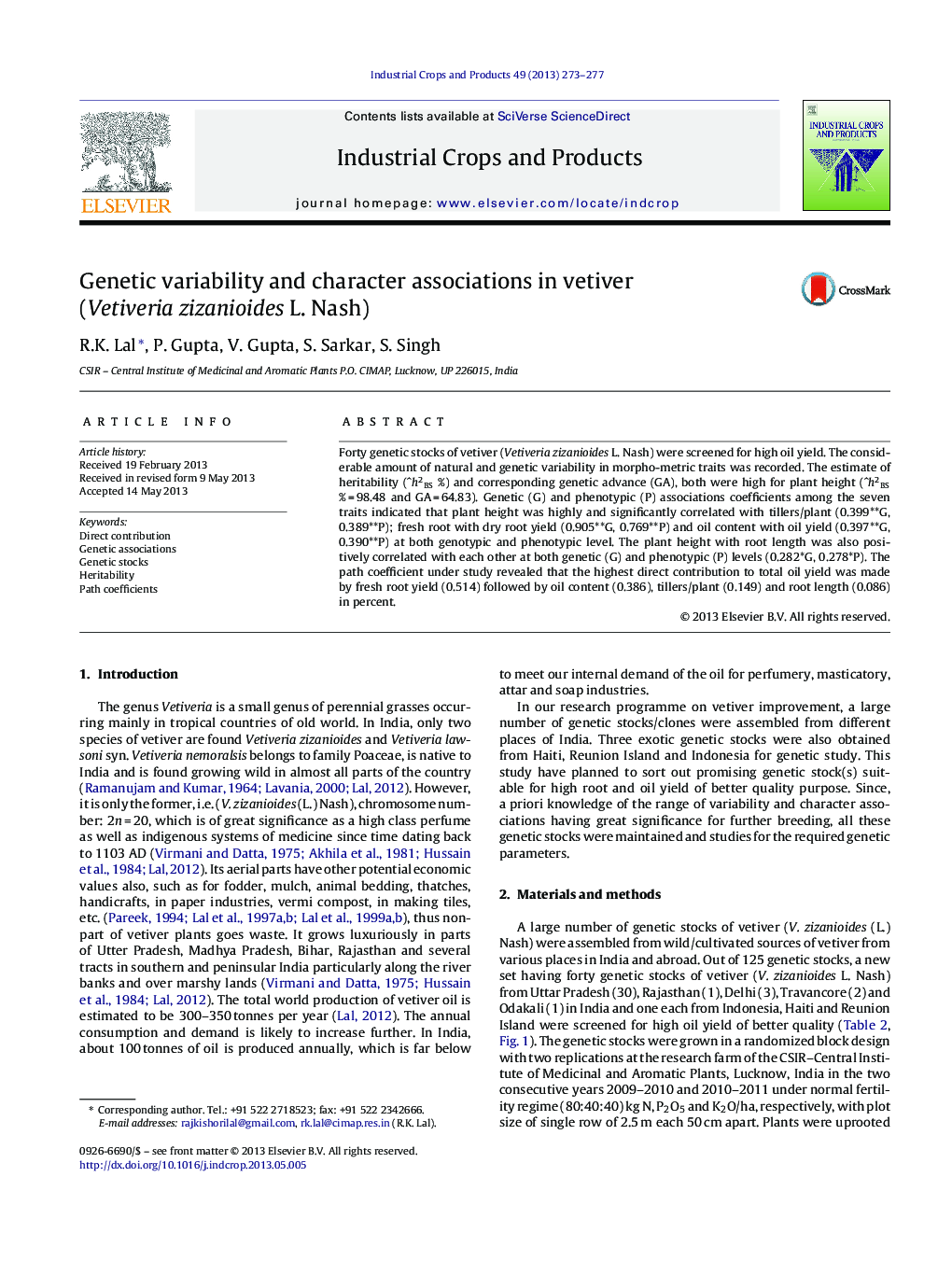 Genetic variability and character associations in vetiver (Vetiveria zizanioides L. Nash)