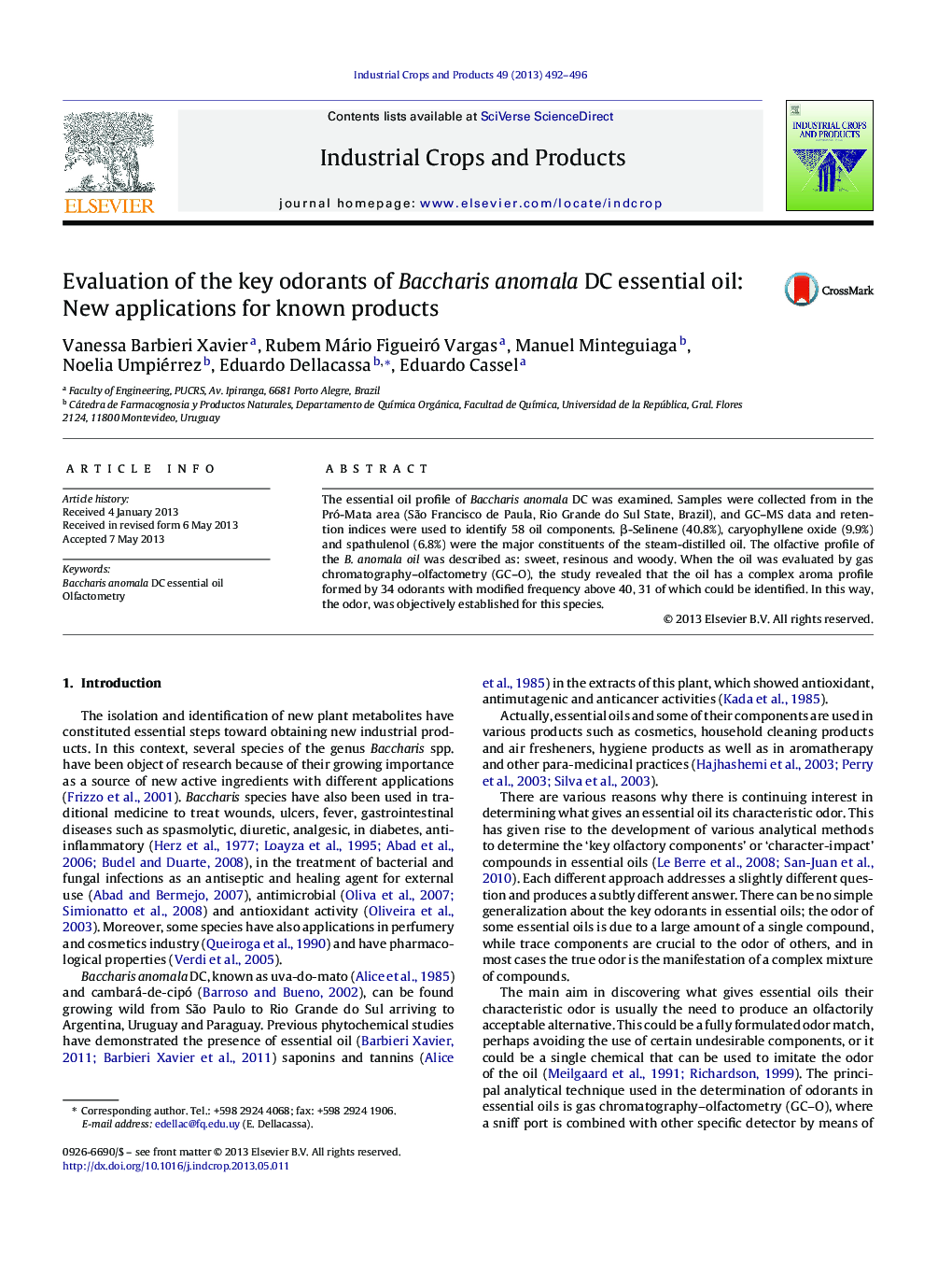 Evaluation of the key odorants of Baccharis anomala DC essential oil: New applications for known products