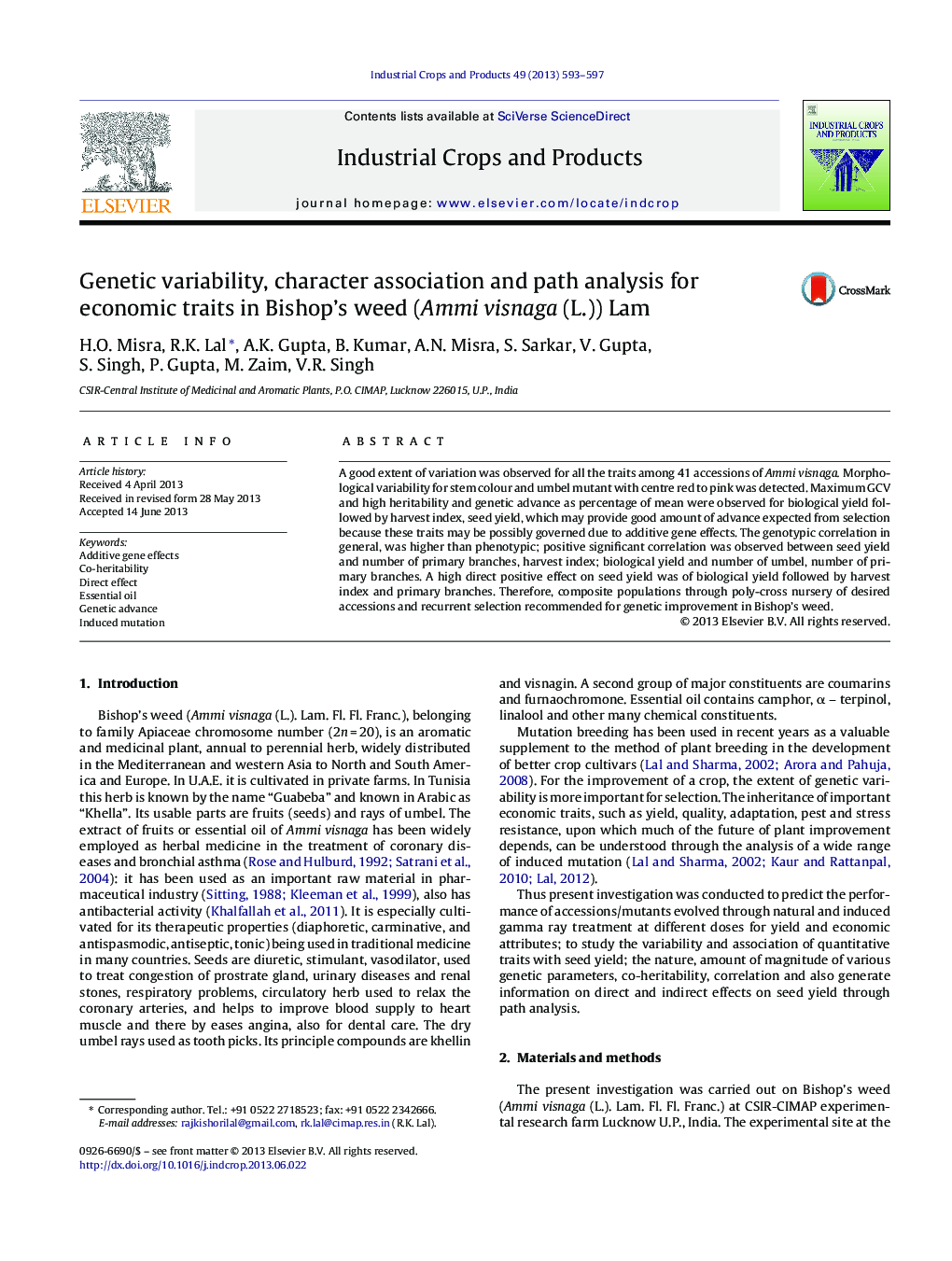 Genetic variability, character association and path analysis for economic traits in Bishop's weed (Ammi visnaga (L.)) Lam