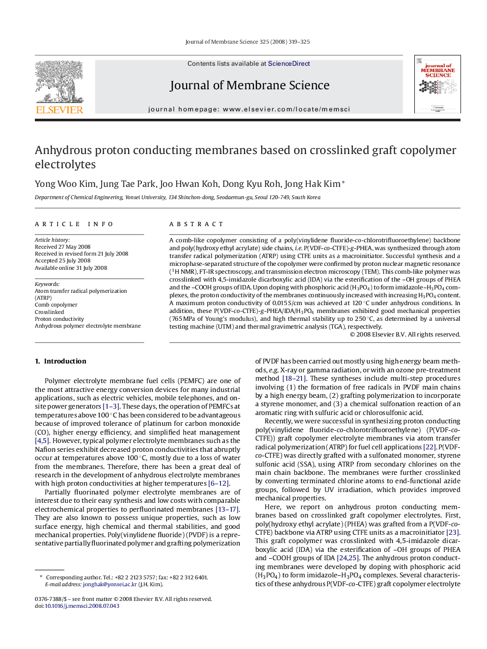 Anhydrous proton conducting membranes based on crosslinked graft copolymer electrolytes