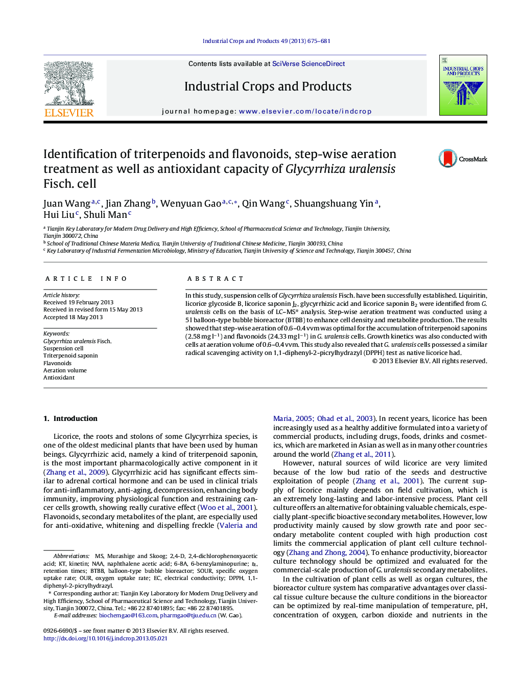 Identification of triterpenoids and flavonoids, step-wise aeration treatment as well as antioxidant capacity of Glycyrrhiza uralensis Fisch. cell