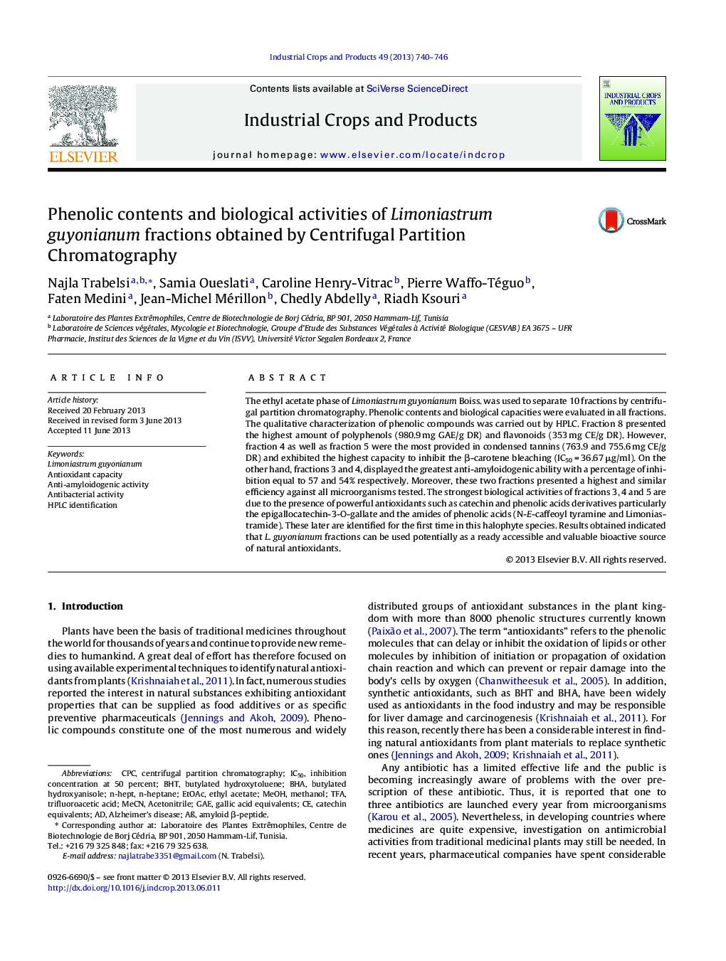 Phenolic contents and biological activities of Limoniastrum guyonianum fractions obtained by Centrifugal Partition Chromatography