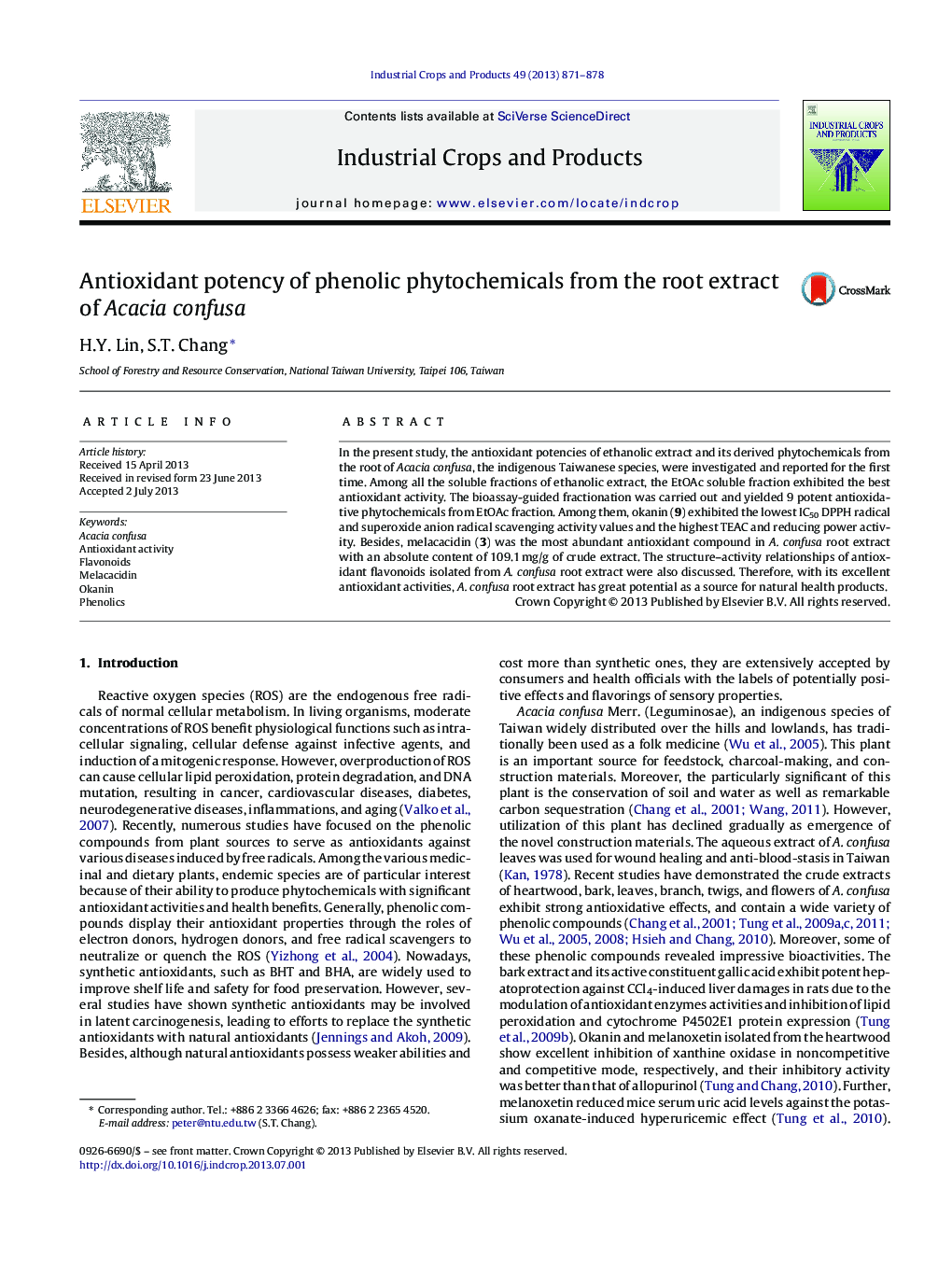 Antioxidant potency of phenolic phytochemicals from the root extract of Acacia confusa