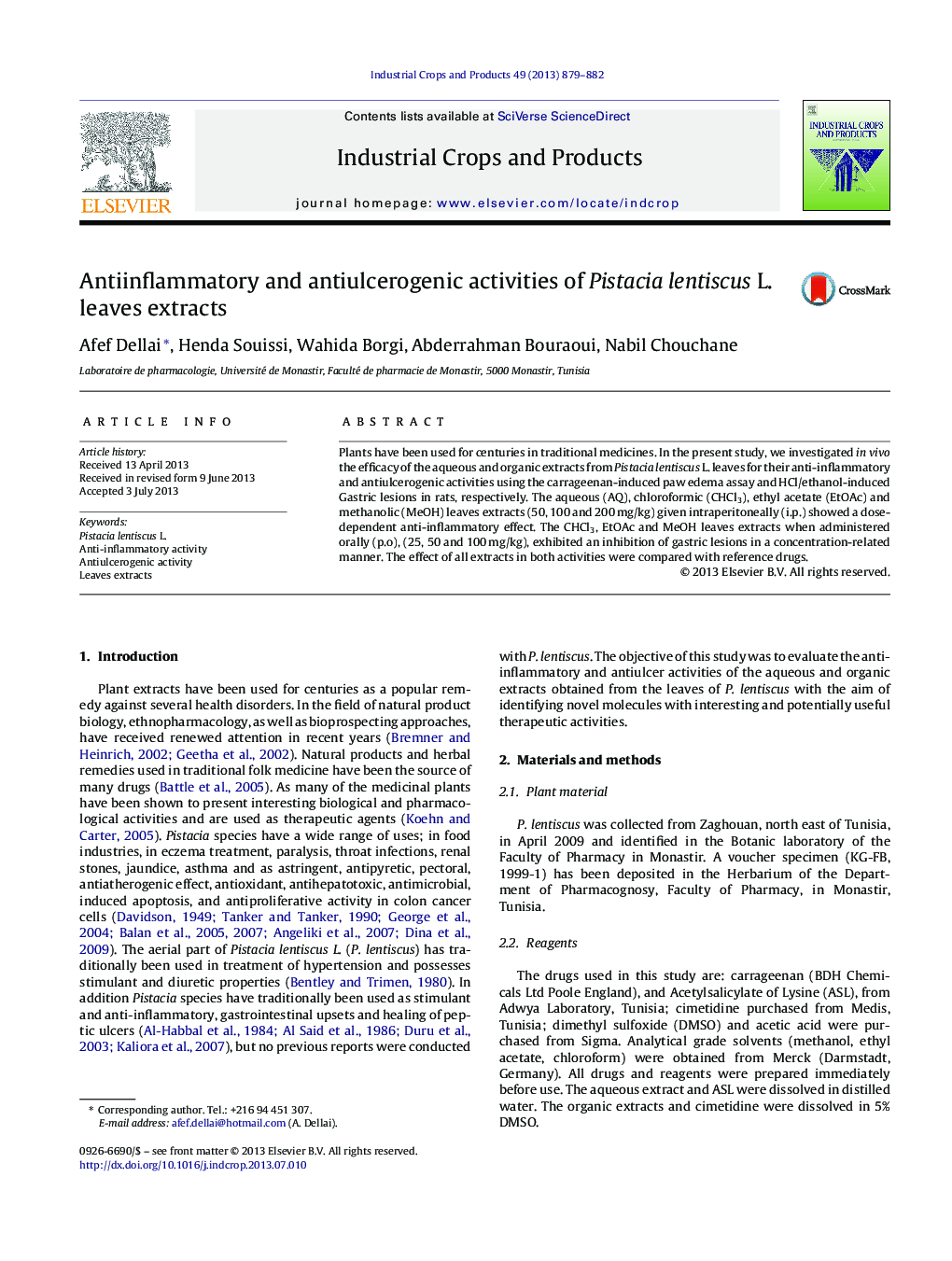 Antiinflammatory and antiulcerogenic activities of Pistacia lentiscus L. leaves extracts