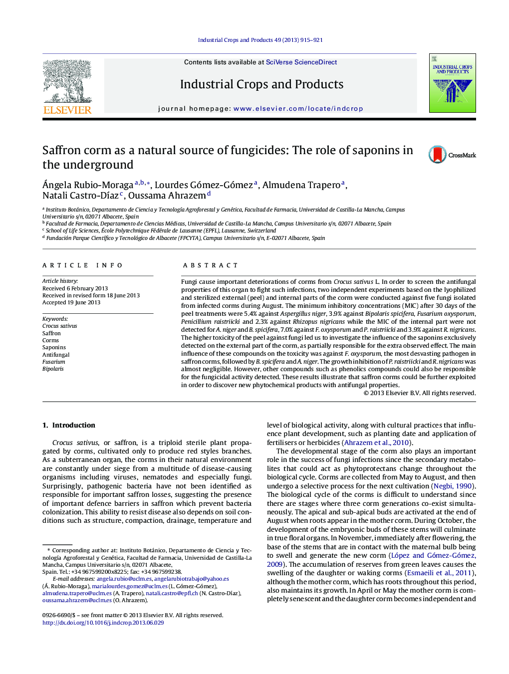 Saffron corm as a natural source of fungicides: The role of saponins in the underground