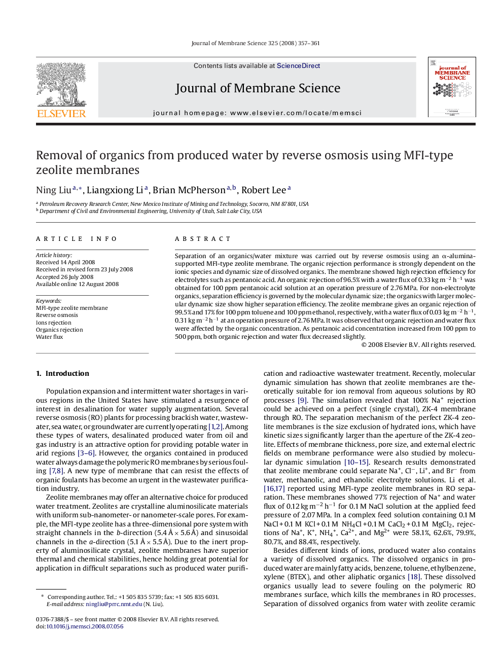 عکس صفحه اول مقاله: Removal of organics from produced water by reverse osmosis using MFI-type zeolite membranes Removal of organics from produced water by reverse osmosis using MFI-type zeolite membranes