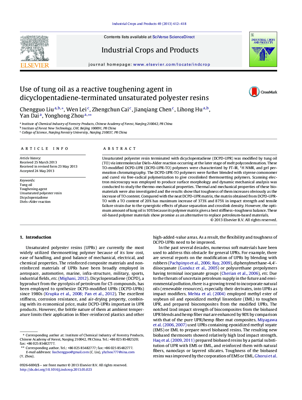 Use of tung oil as a reactive toughening agent in dicyclopentadiene-terminated unsaturated polyester resins