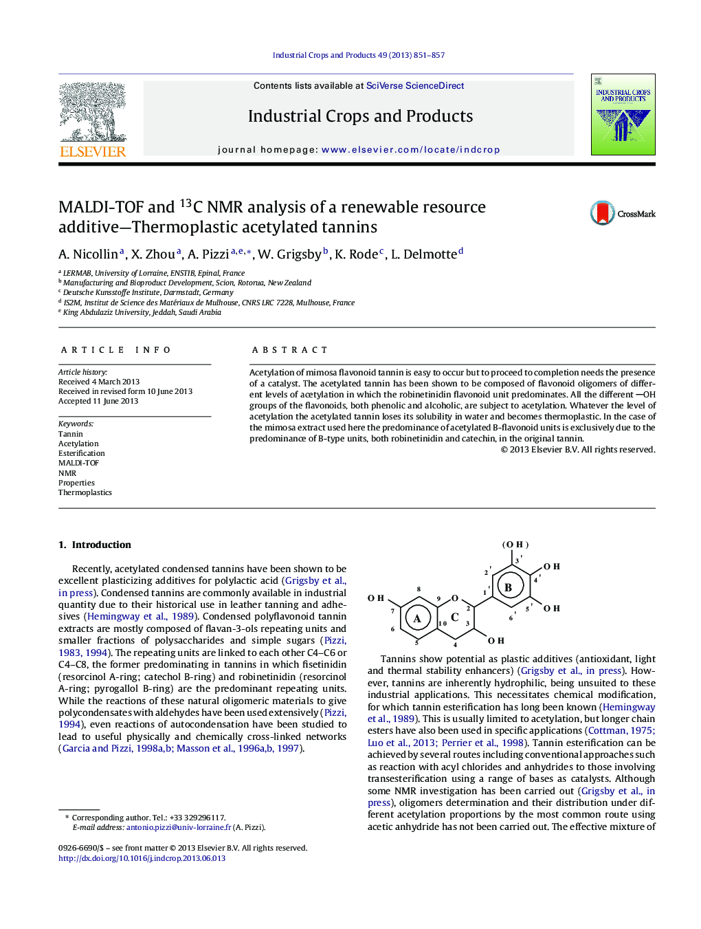 MALDI-TOF and 13C NMR analysis of a renewable resource additive-Thermoplastic acetylated tannins