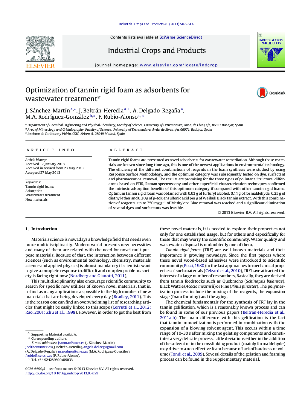 Optimization of tannin rigid foam as adsorbents for wastewater treatment