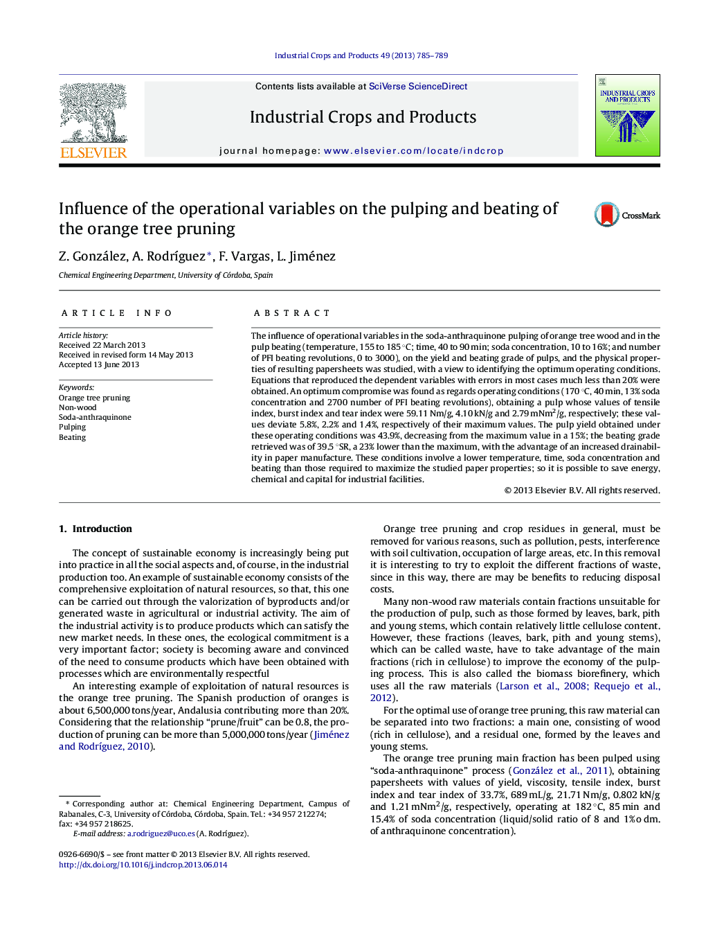 Influence of the operational variables on the pulping and beating of the orange tree pruning