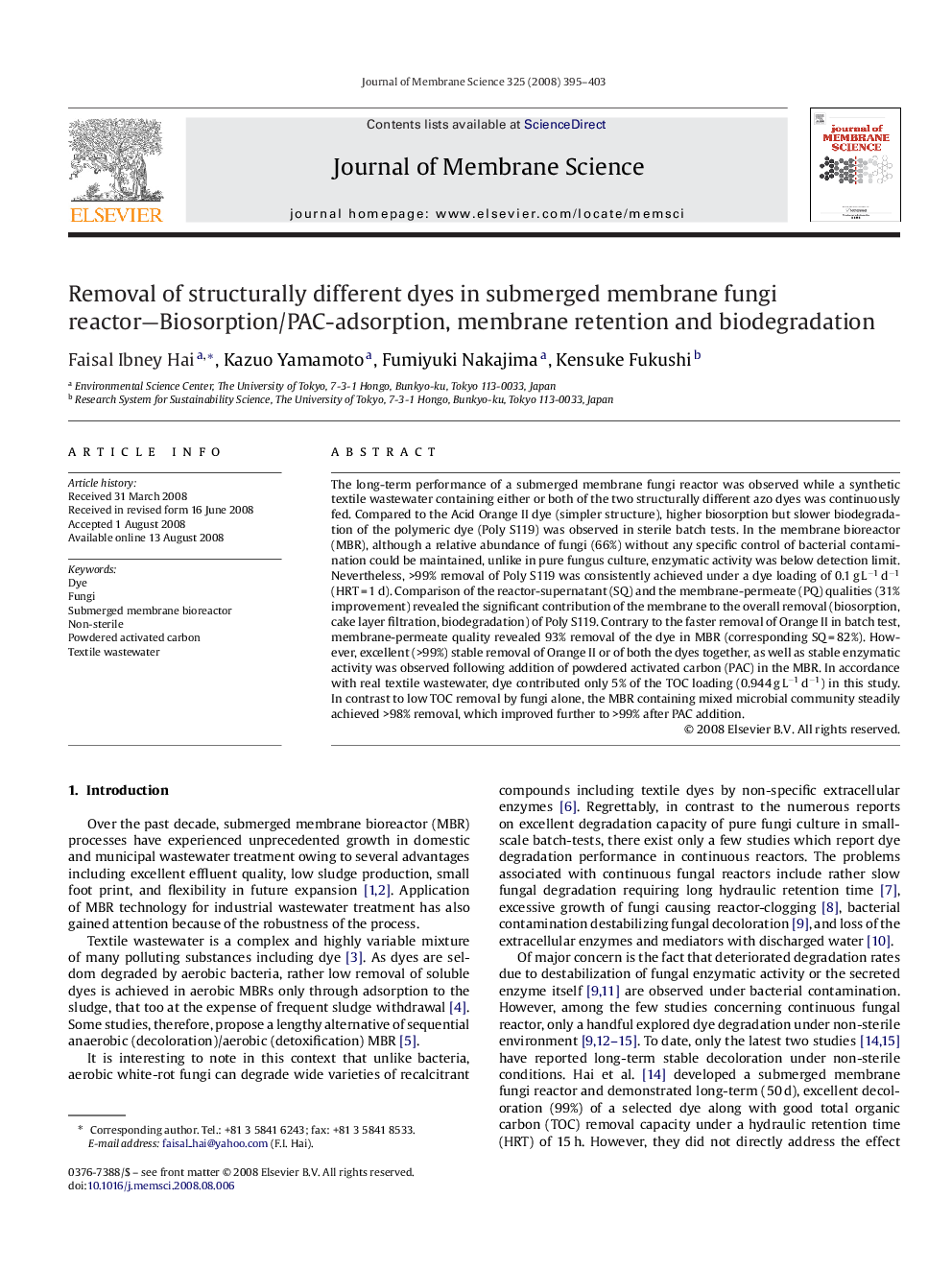 Removal of structurally different dyes in submerged membrane fungi reactor—Biosorption/PAC-adsorption, membrane retention and biodegradation