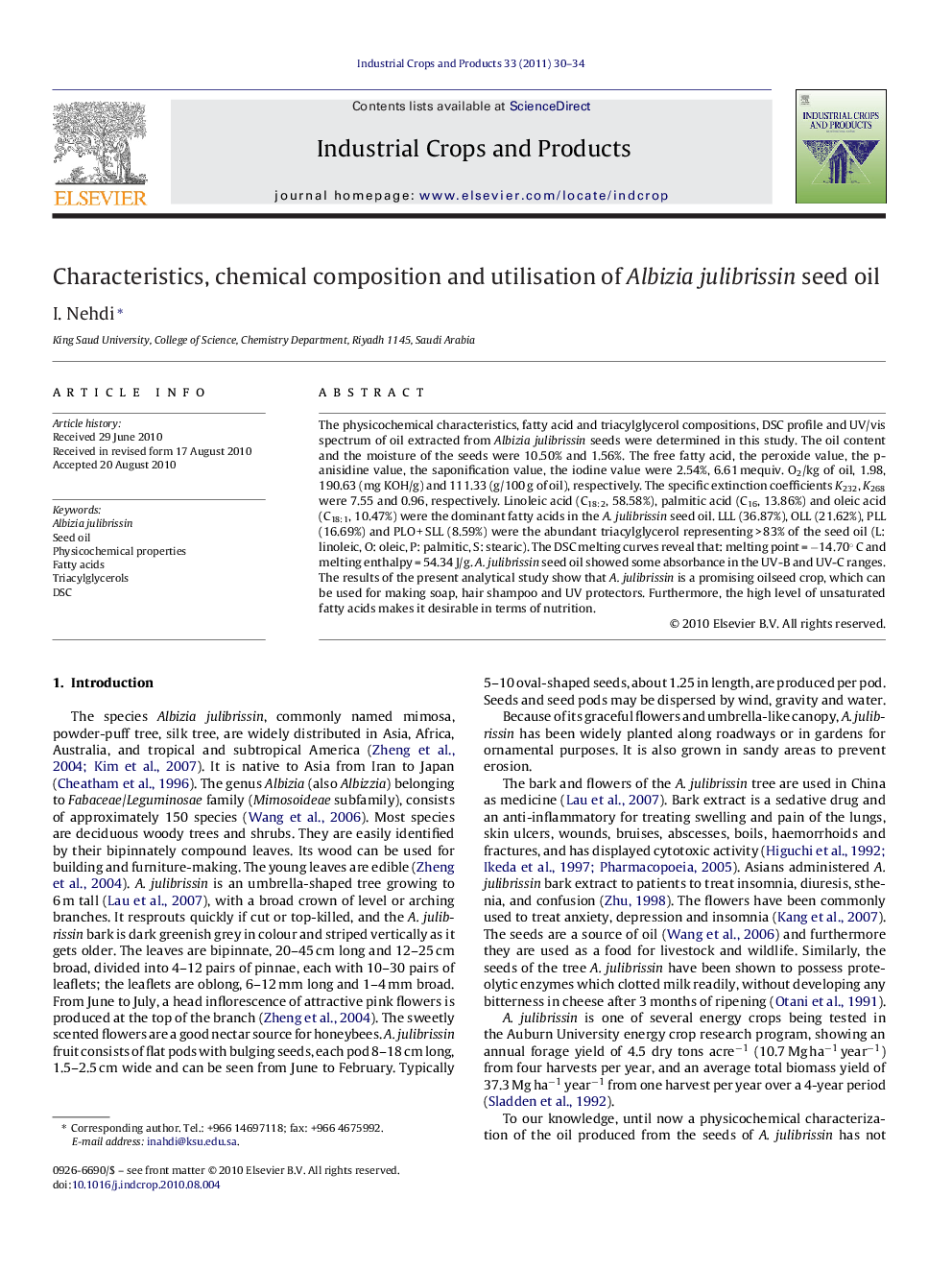 عکس صفحه اول مقاله: Characteristics, chemical composition and utilisation of Albizia julibrissin seed oil Characteristics, chemical composition and utilisation of Albizia julibrissin seed oil