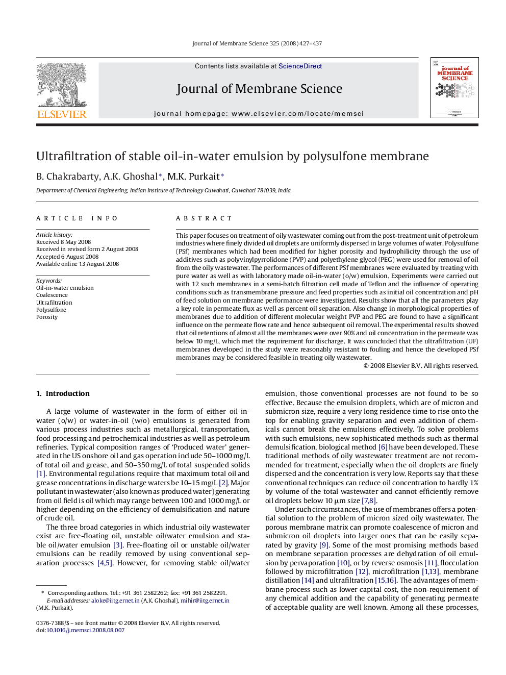 Ultrafiltration of stable oil-in-water emulsion by polysulfone membrane