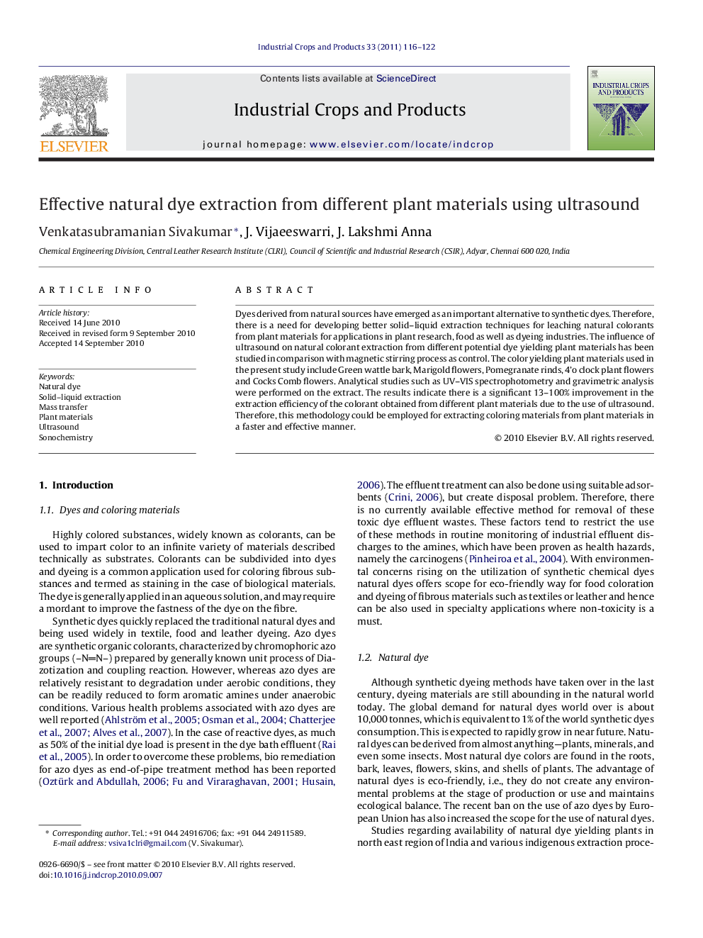 Effective natural dye extraction from different plant materials using ultrasound