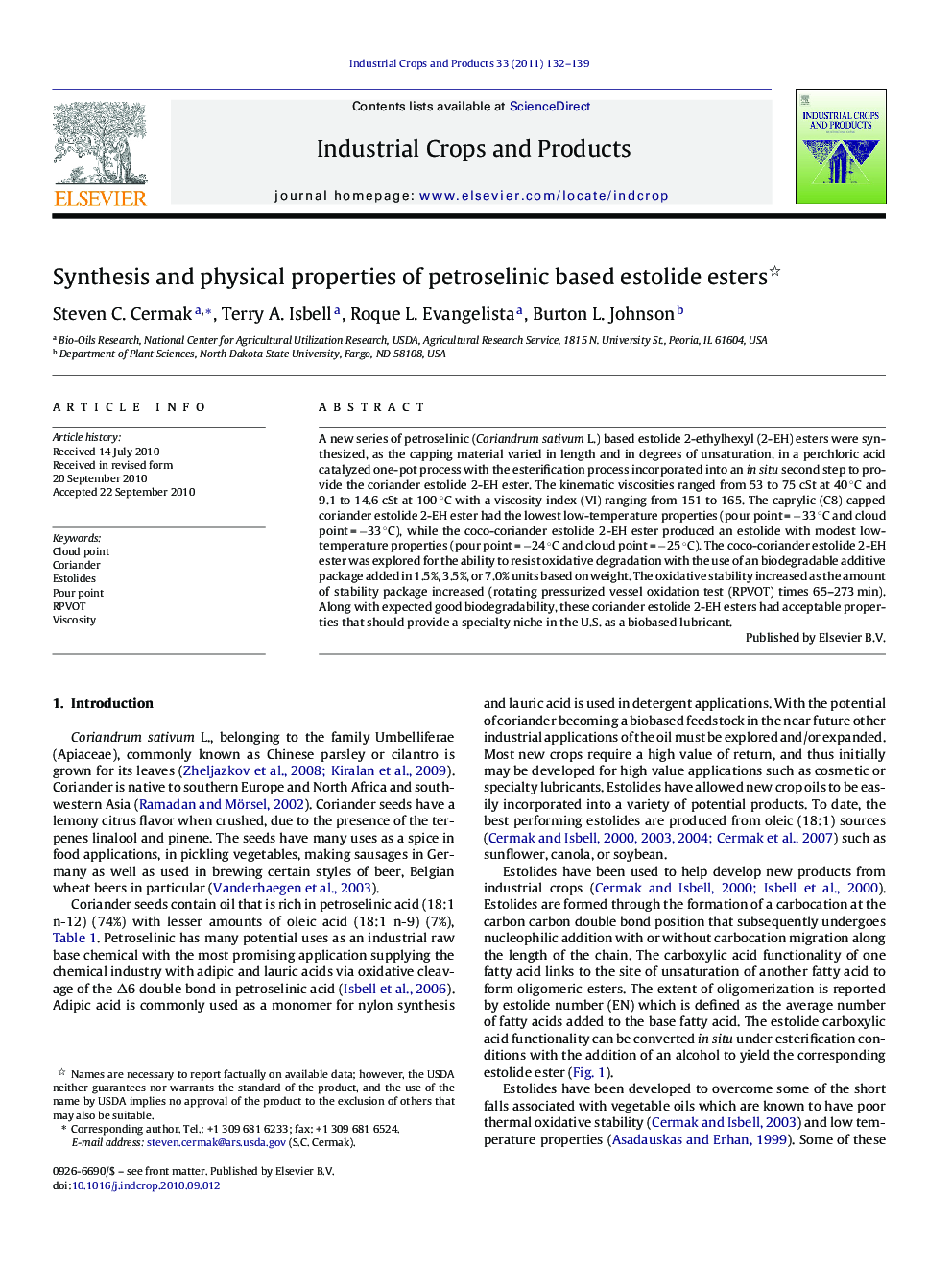 Synthesis and physical properties of petroselinic based estolide esters