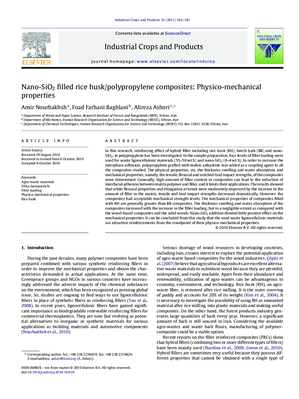 Nano-SiO2 filled rice husk/polypropylene composites: Physico-mechanical properties