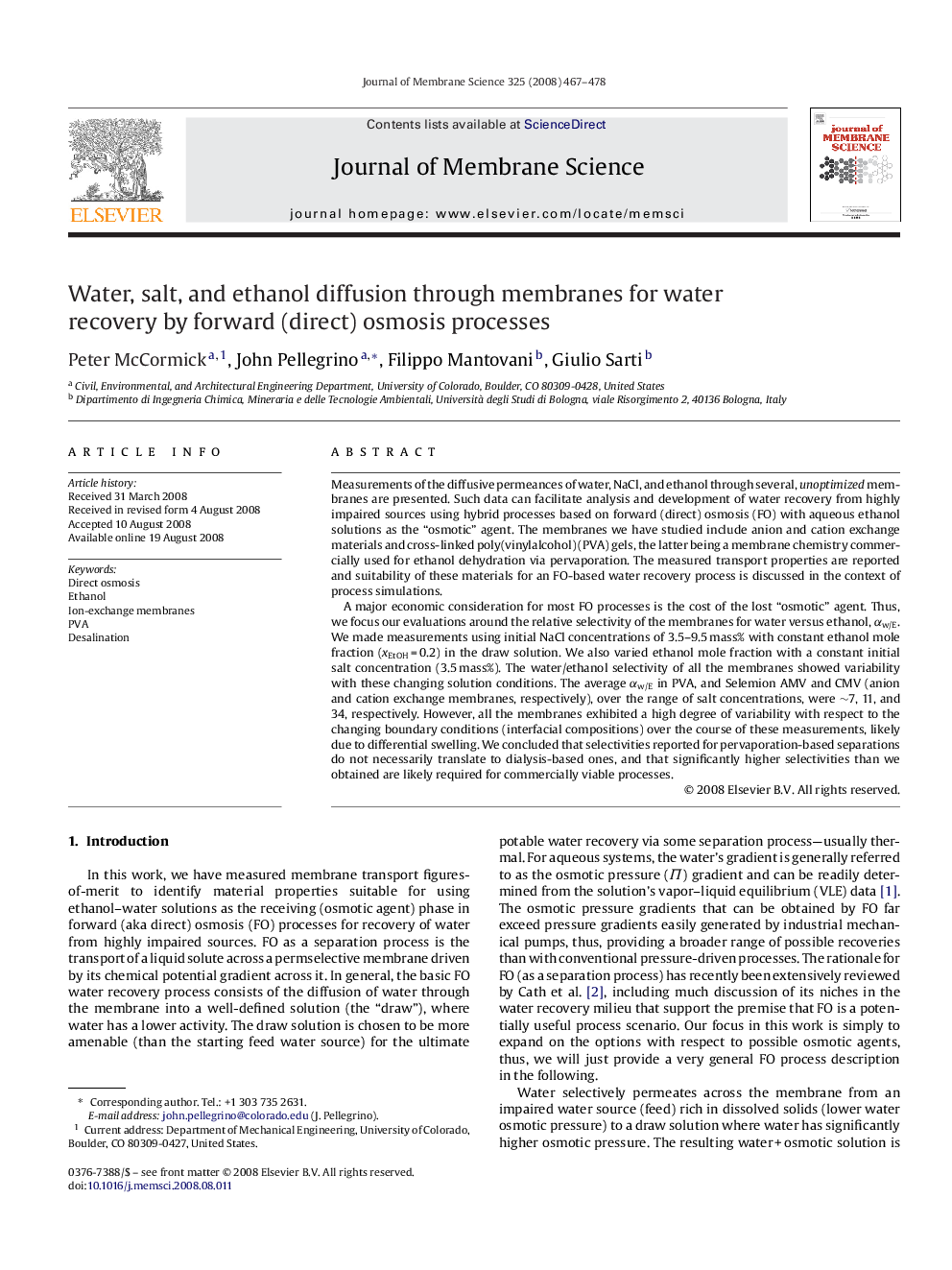 Water, salt, and ethanol diffusion through membranes for water recovery by forward (direct) osmosis processes