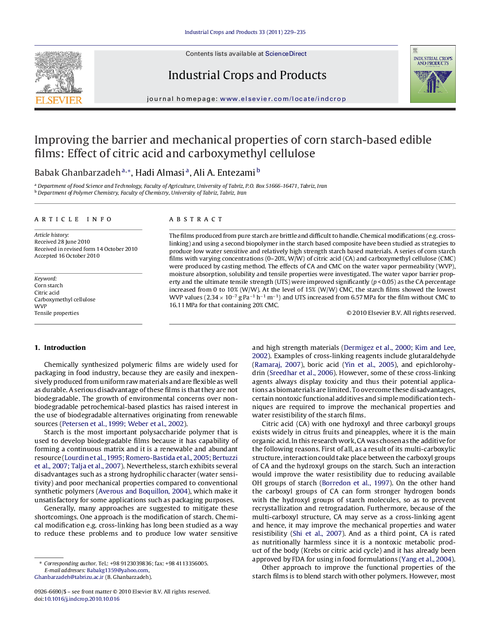 Improving the barrier and mechanical properties of corn starch-based edible films: Effect of citric acid and carboxymethyl cellulose