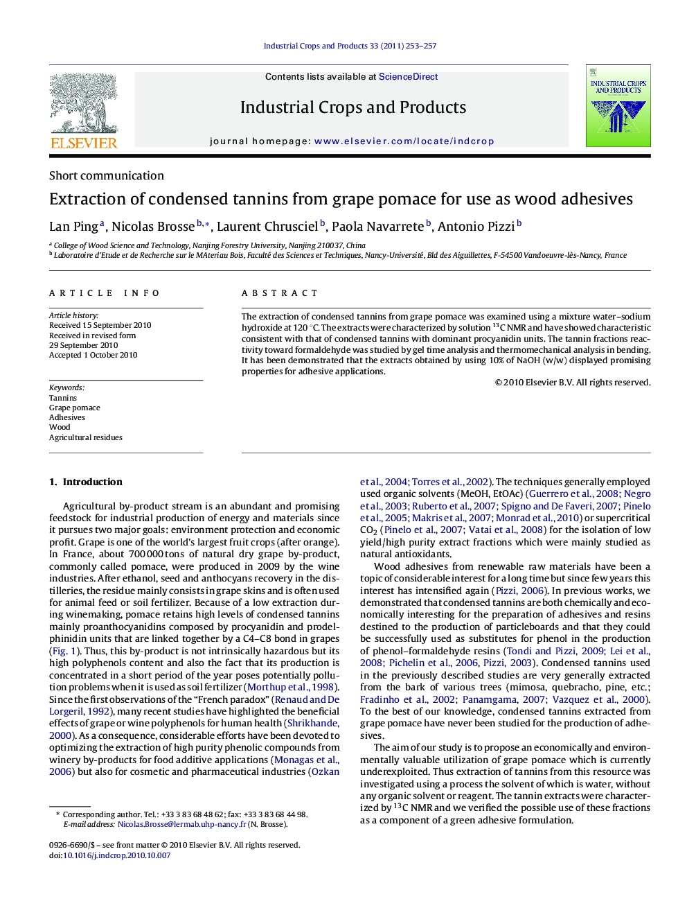 Extraction of condensed tannins from grape pomace for use as wood adhesives