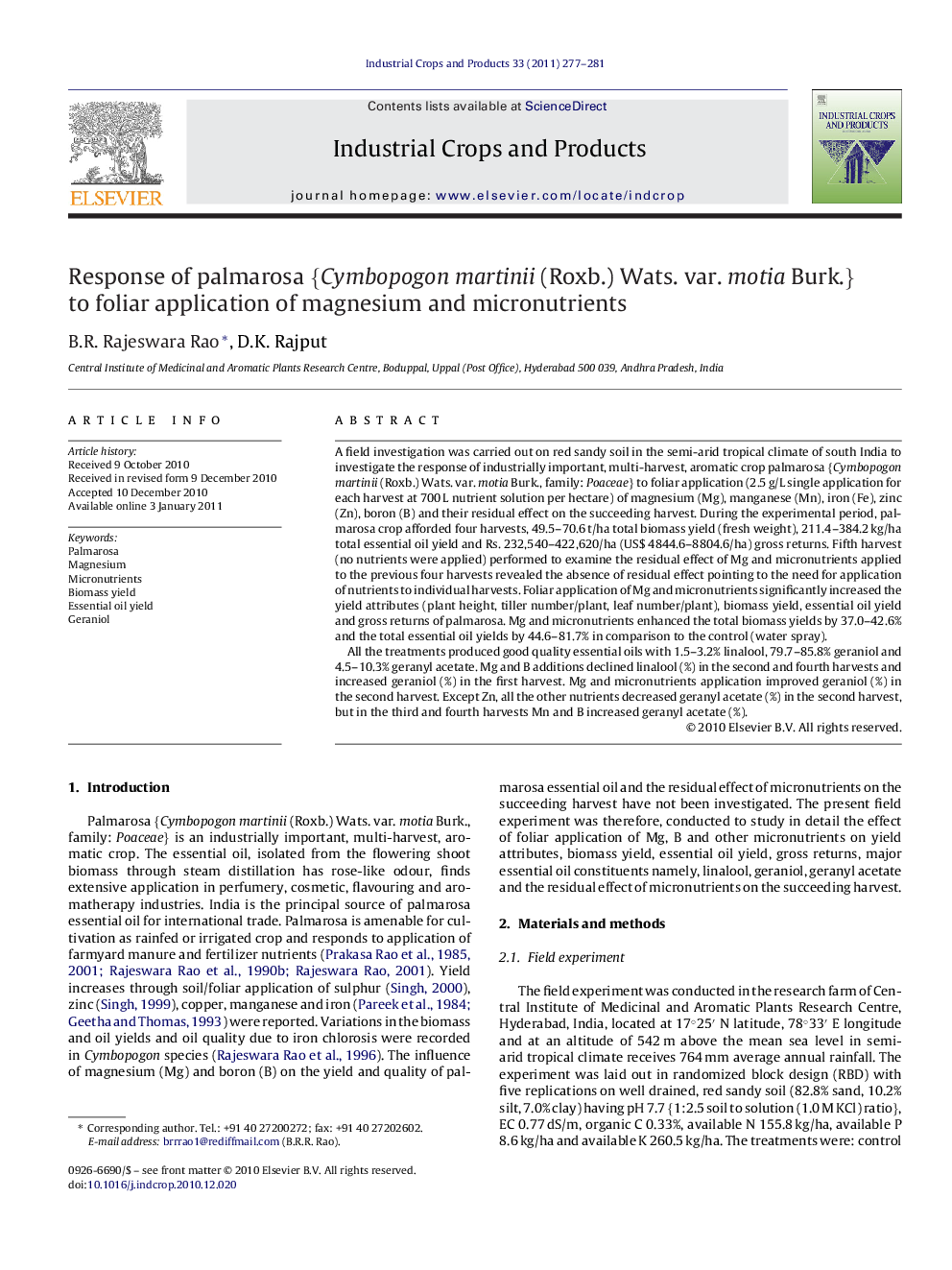 Response of palmarosa {Cymbopogon martinii (Roxb.) Wats. var. motia Burk.} to foliar application of magnesium and micronutrients