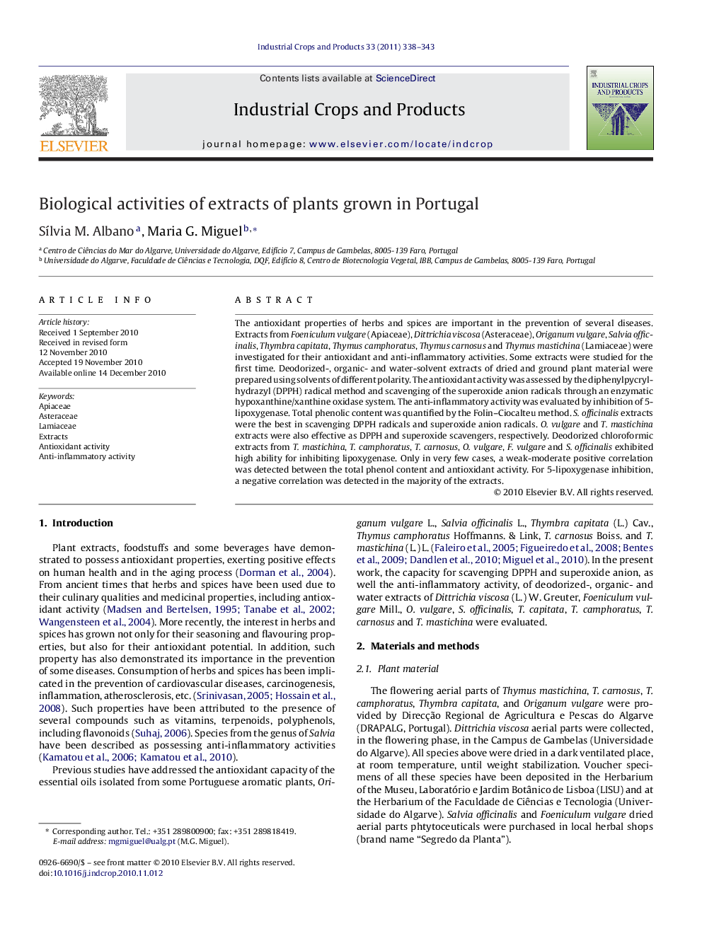 Biological activities of extracts of plants grown in Portugal