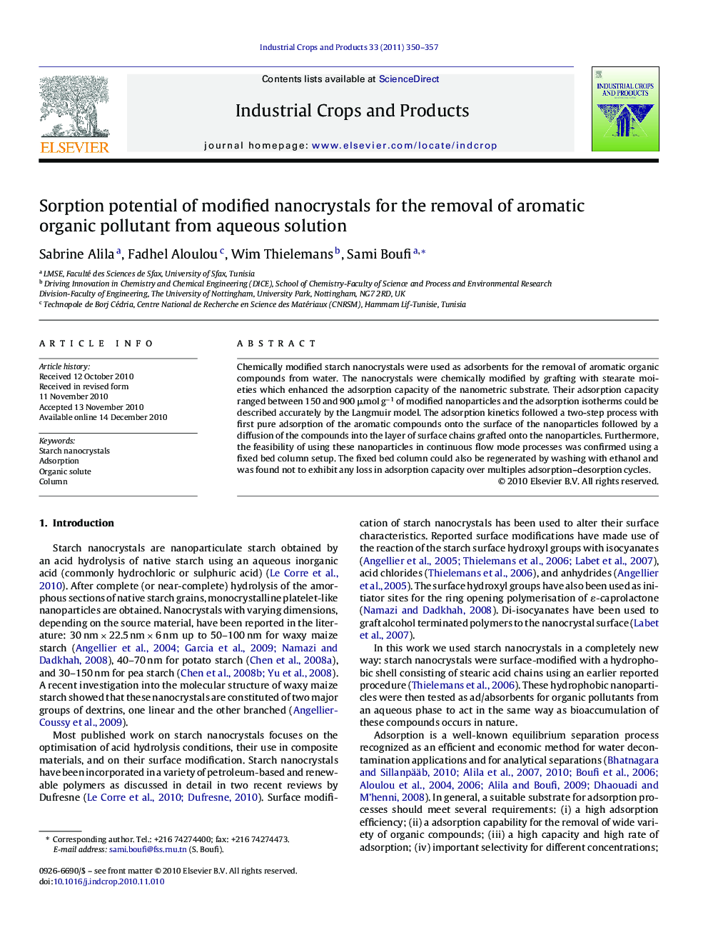 Sorption potential of modified nanocrystals for the removal of aromatic organic pollutant from aqueous solution