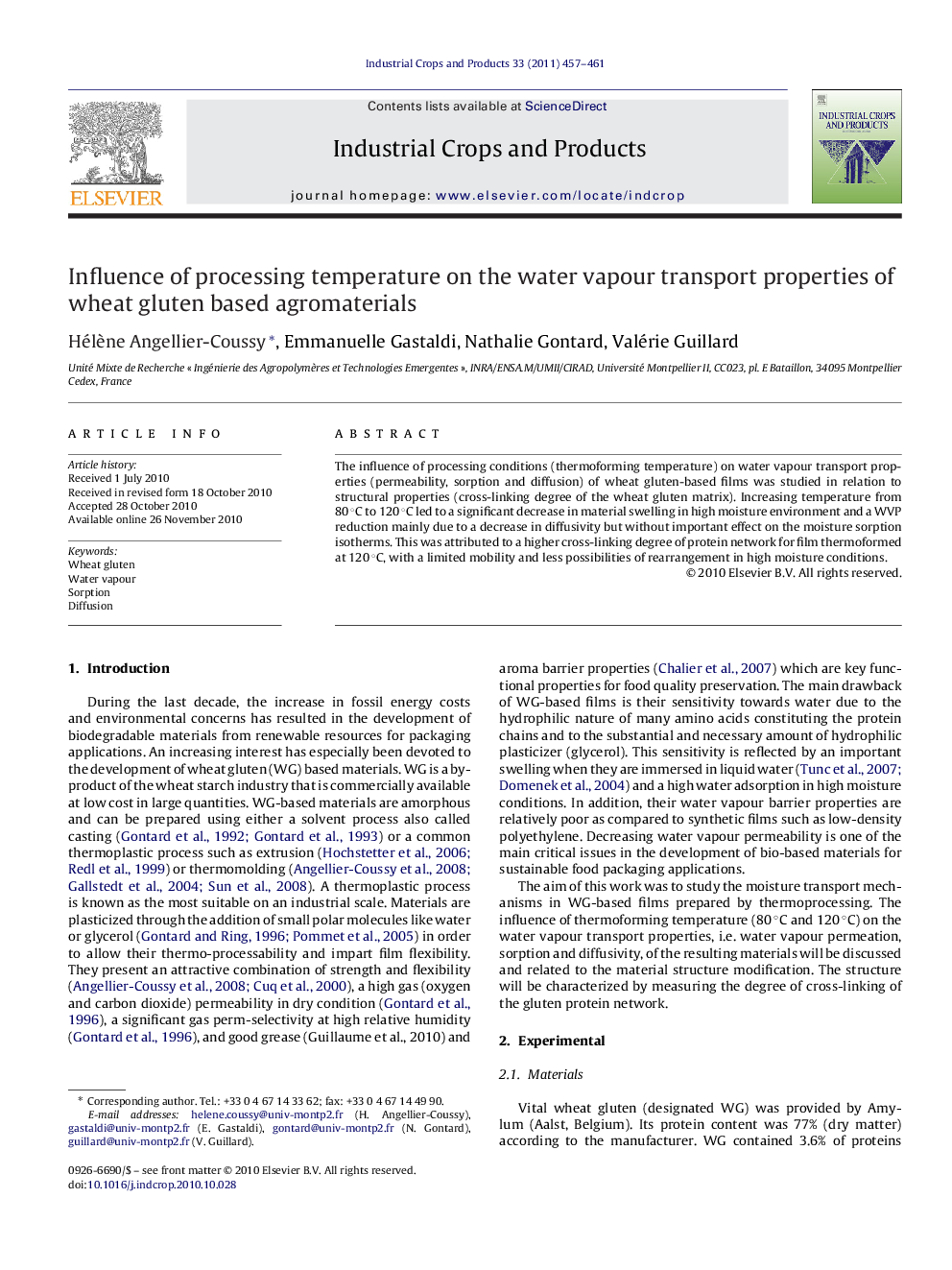 Influence of processing temperature on the water vapour transport properties of wheat gluten based agromaterials