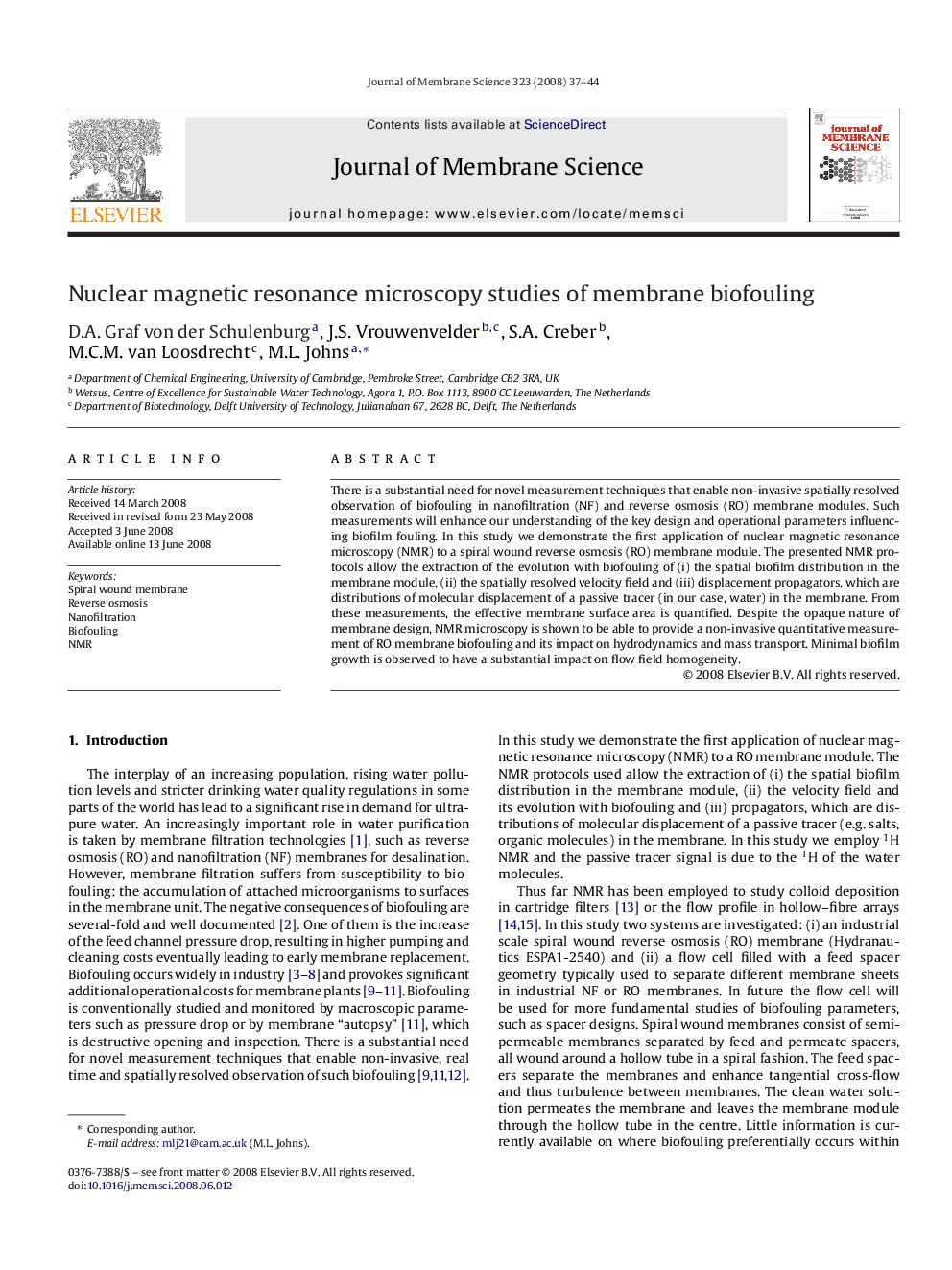 Nuclear magnetic resonance microscopy studies of membrane biofouling