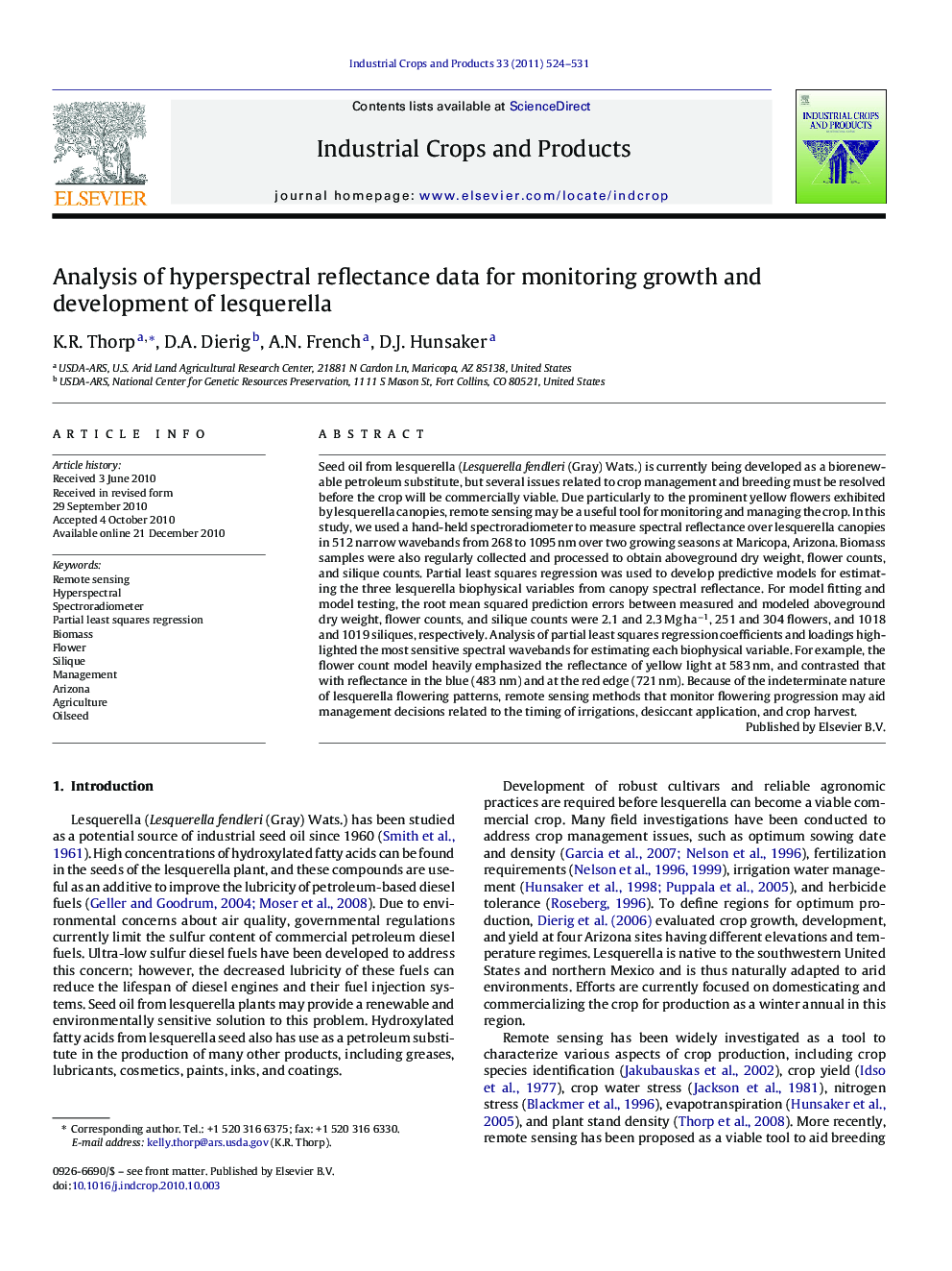 Analysis of hyperspectral reflectance data for monitoring growth and development of lesquerella