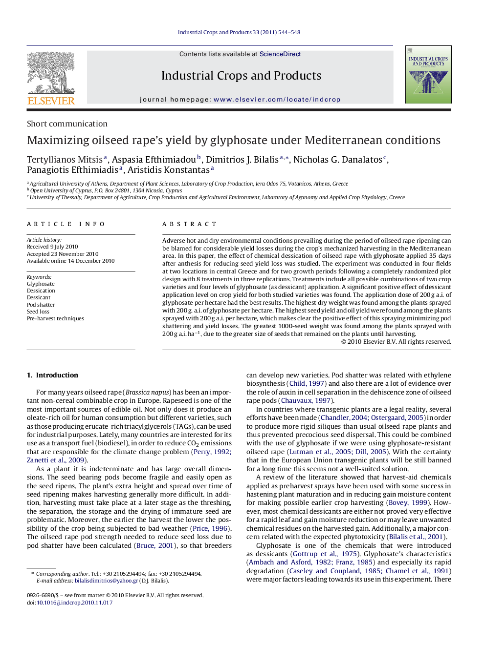 Short communicationMaximizing oilseed rape's yield by glyphosate under Mediterranean conditions