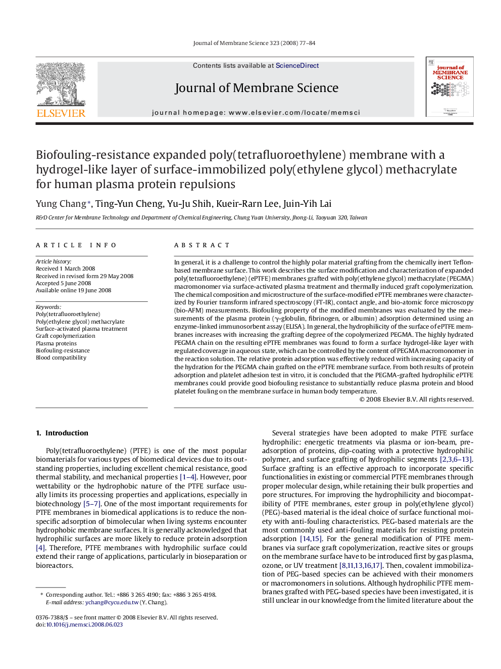 Biofouling-resistance expanded poly(tetrafluoroethylene) membrane with a hydrogel-like layer of surface-immobilized poly(ethylene glycol) methacrylate for human plasma protein repulsions