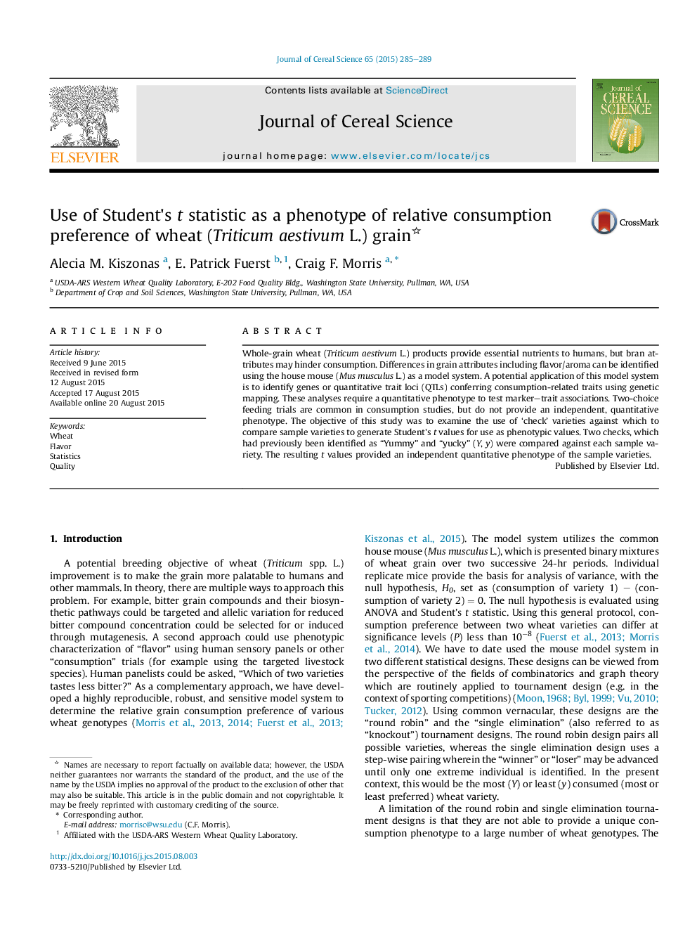 Use of Student's t statistic as a phenotype of relative consumption preference of wheat (Triticum aestivum L.) grain