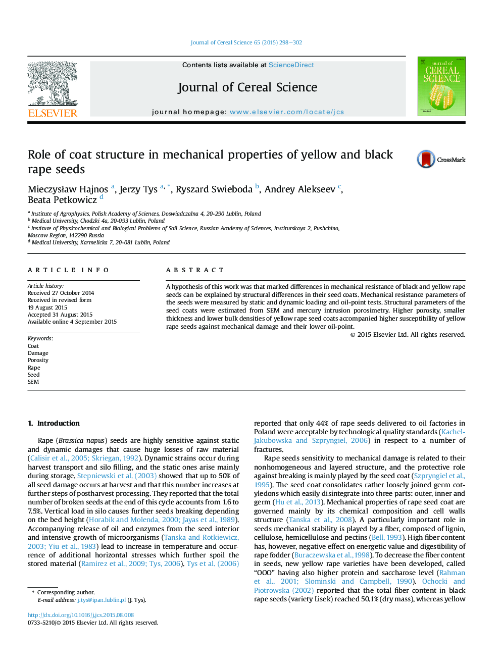 Role of coat structure in mechanical properties of yellow and black rape seeds