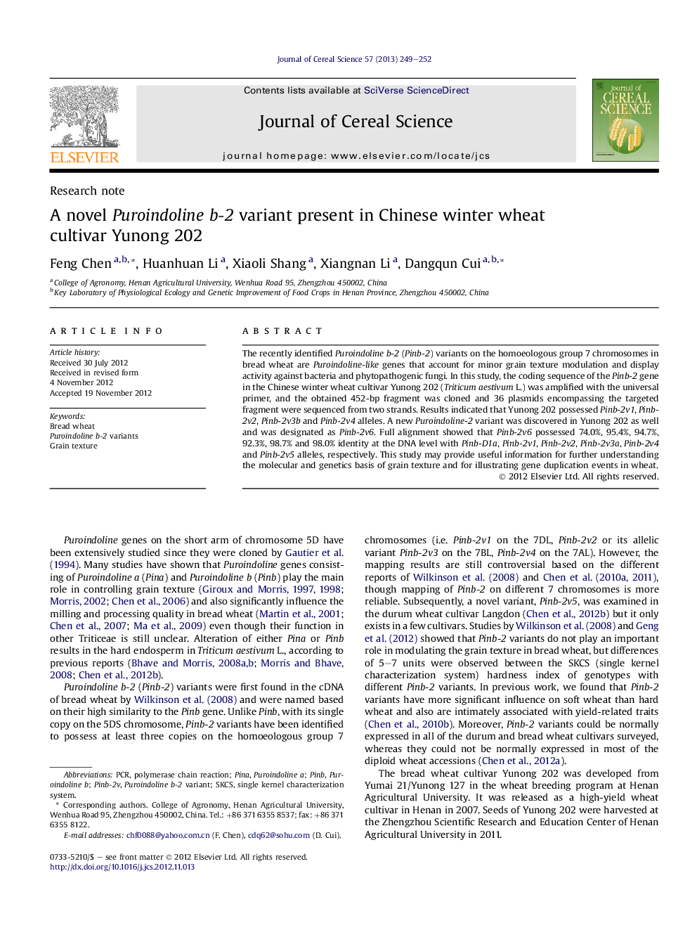 A novel Puroindoline b-2 variant present in Chinese winter wheat cultivar Yunong 202