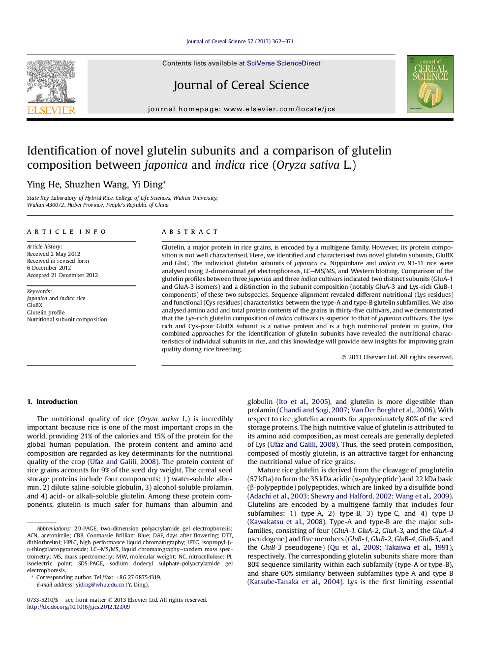 Identification of novel glutelin subunits and a comparison of glutelin composition between japonica and indica rice (Oryza sativa L.)