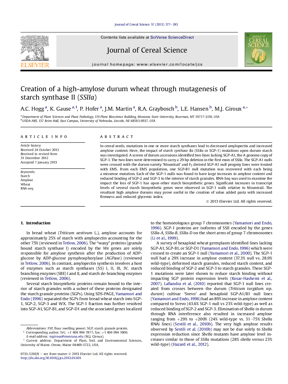 Creation of a high-amylose durum wheat through mutagenesis of starch synthase II (SSIIa)