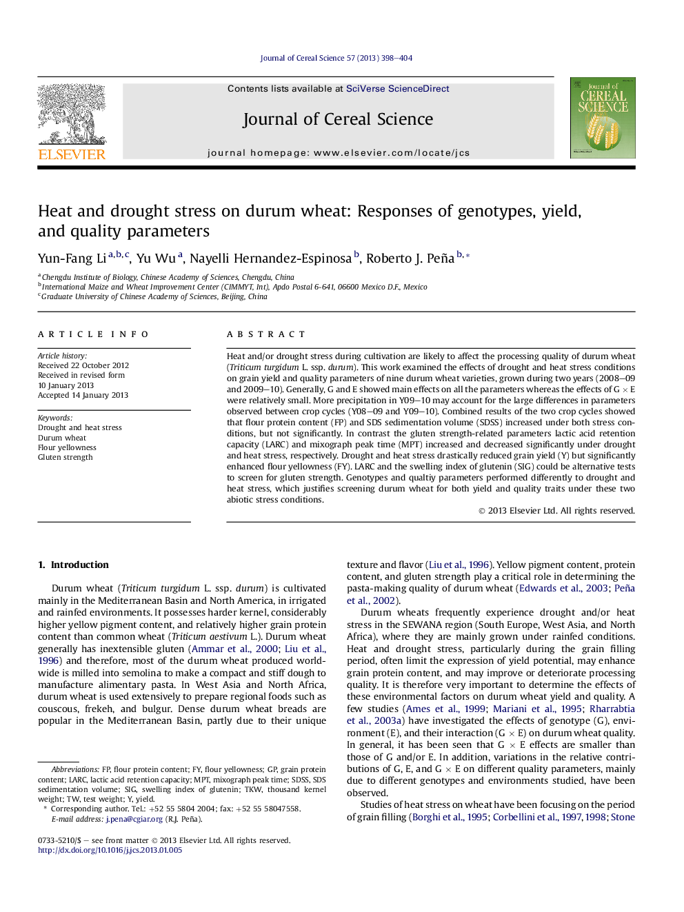 Heat and drought stress on durum wheat: Responses of genotypes, yield, and quality parameters