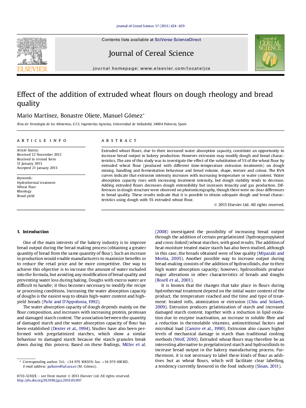 Effect of the addition of extruded wheat flours on dough rheology and bread quality