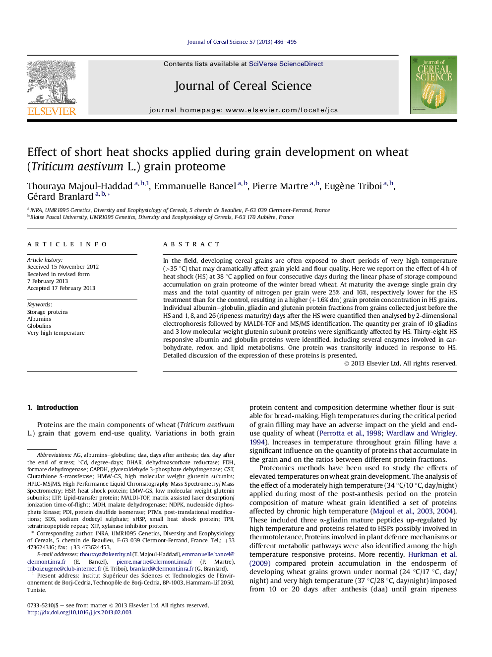 Effect of short heat shocks applied during grain development on wheat (Triticum aestivum L.) grain proteome