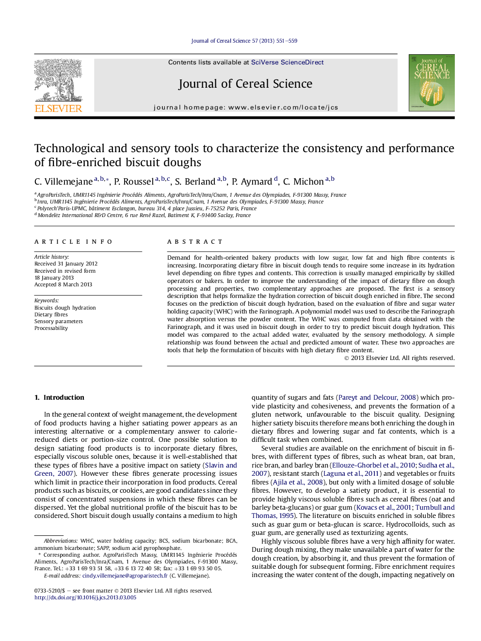 Technological and sensory tools to characterize the consistency and performance of fibre-enriched biscuit doughs