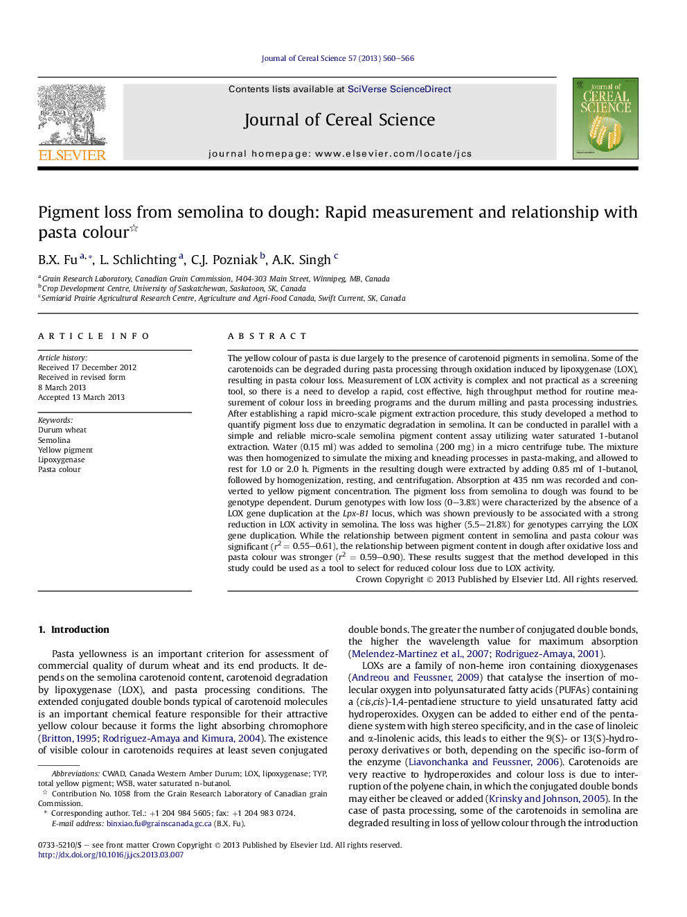 Pigment loss from semolina to dough: Rapid measurement and relationship with pasta colour