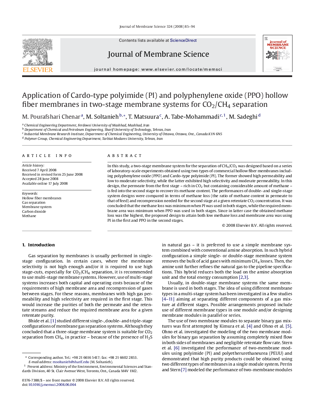 Application of Cardo-type polyimide (PI) and polyphenylene oxide (PPO) hollow fiber membranes in two-stage membrane systems for CO2/CH4 separation