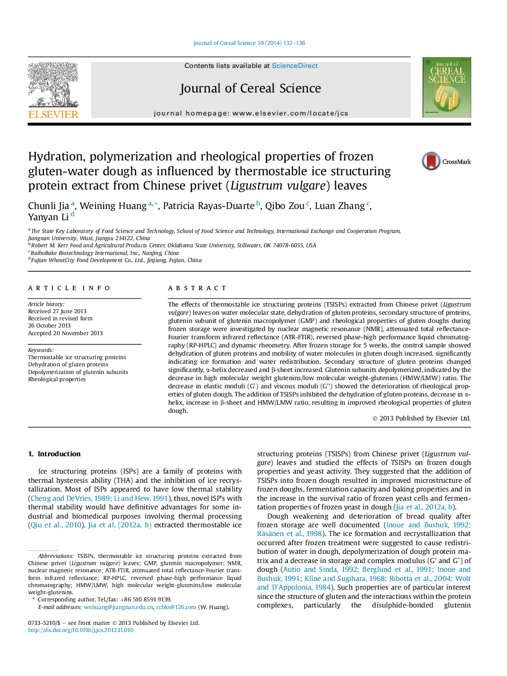 Hydration, polymerization and rheological properties of frozen gluten-water dough as influenced by thermostable ice structuring protein extract from Chinese privet (Ligustrum vulgare) leaves