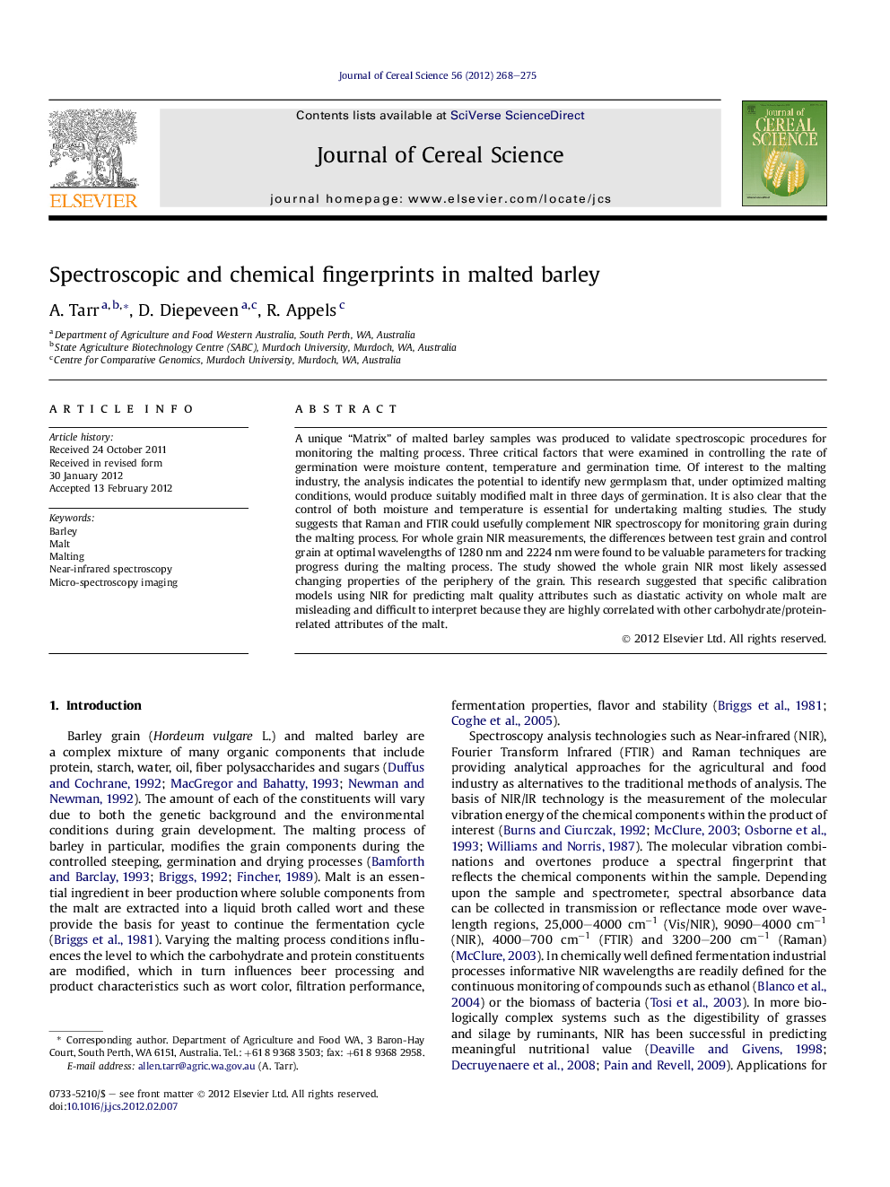 Spectroscopic and chemical fingerprints in malted barley