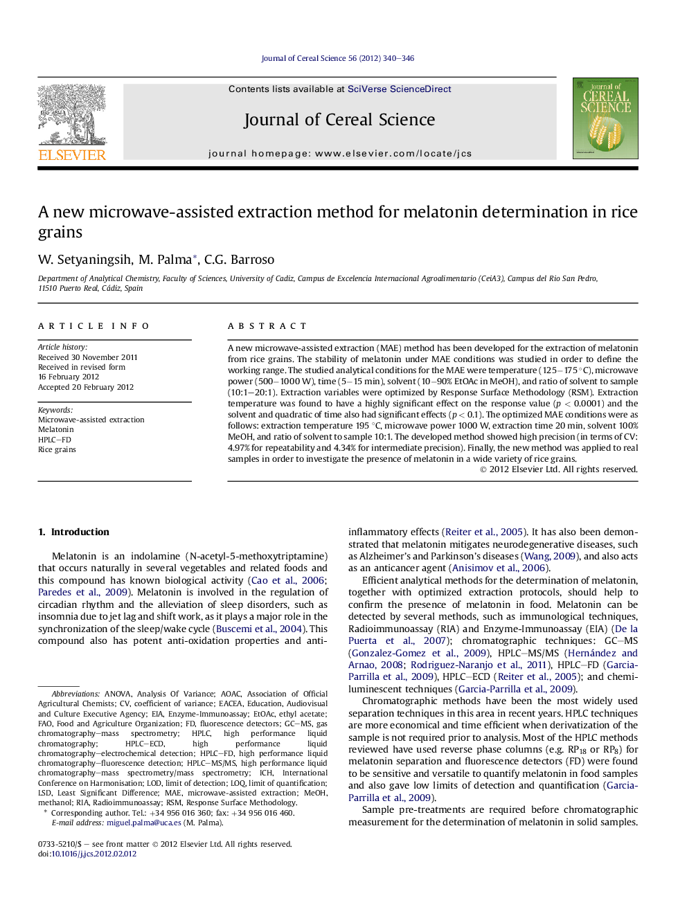 A new microwave-assisted extraction method for melatonin determination in rice grains