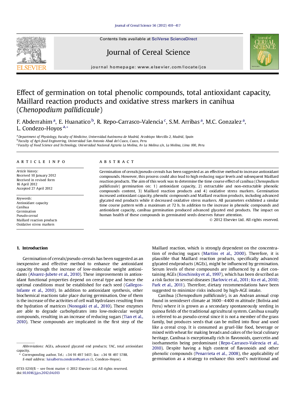 Effect of germination on total phenolic compounds, total antioxidant capacity, Maillard reaction products and oxidative stress markers in canihua (Chenopodium pallidicaule)