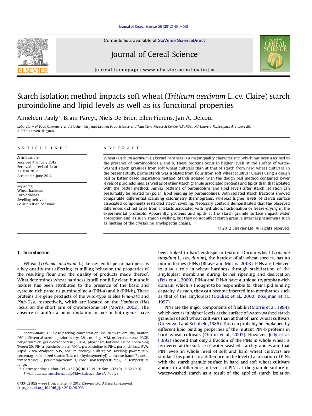 Starch isolation method impacts soft wheat (Triticum aestivum L. cv. Claire) starch puroindoline and lipid levels as well as its functional properties